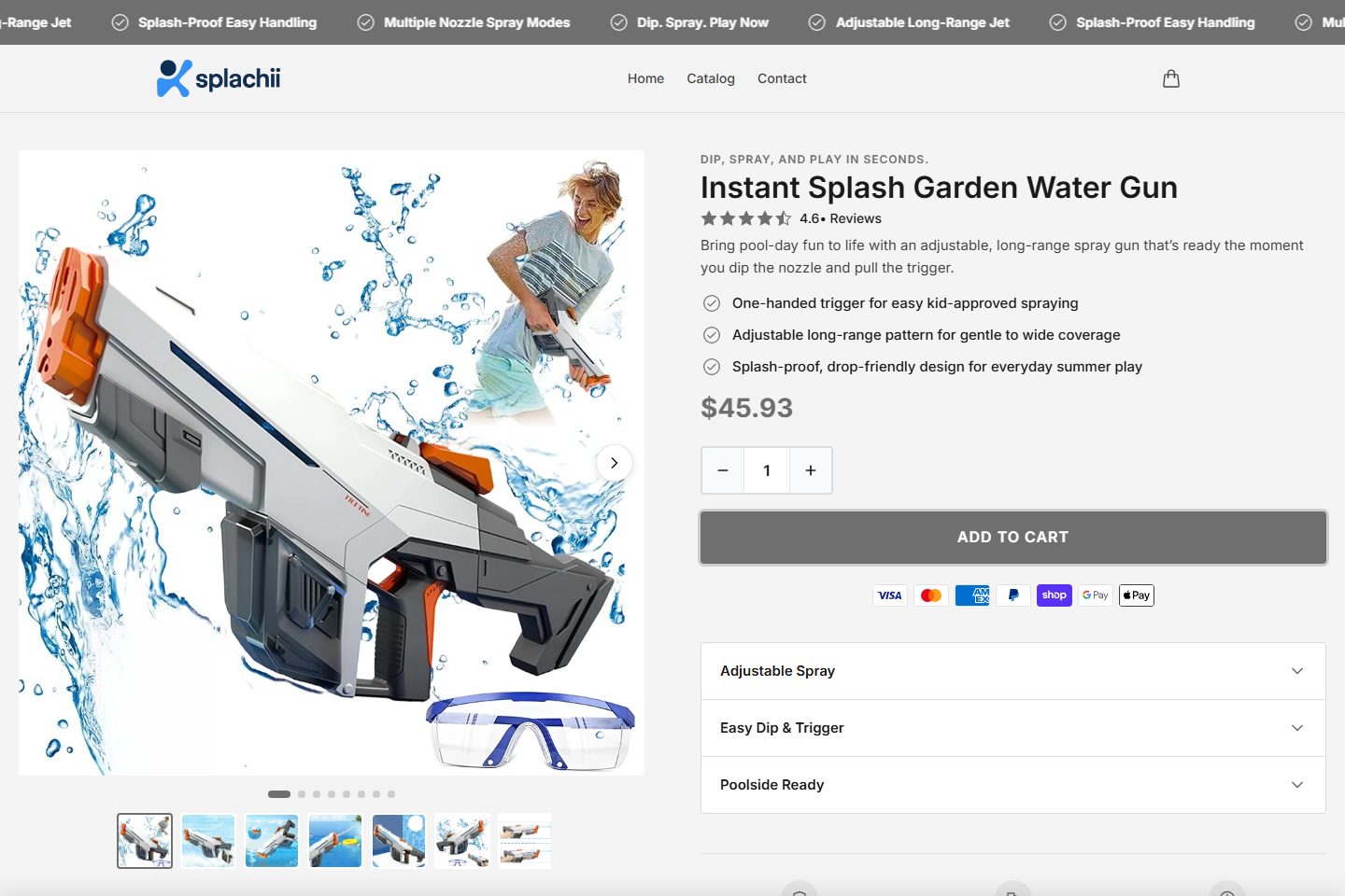 Instant Splash Garden Water Gun — a store page built with Nexvo